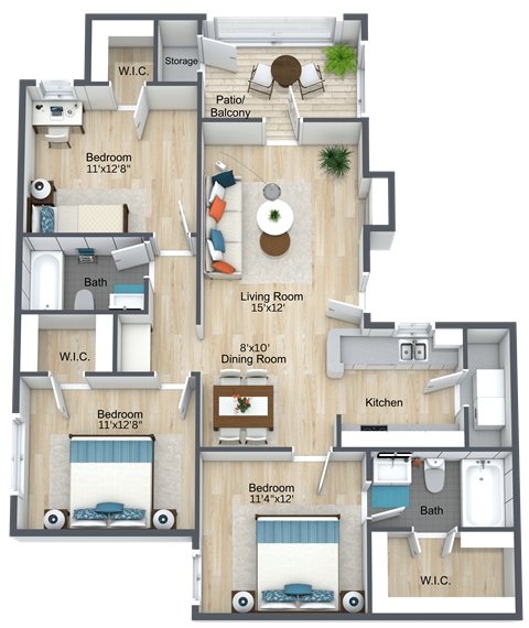 Floor plan for 3 beds, 2 baths, 1139 sqft